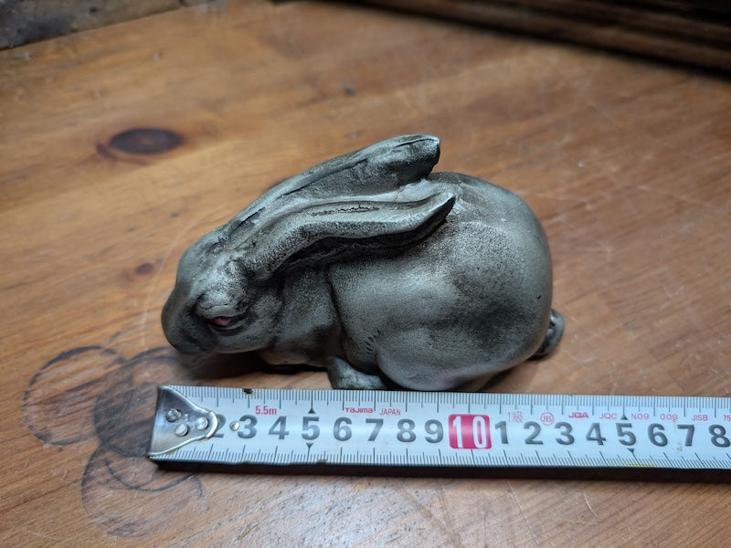 Beautiful 1950s Japan Cast Iron Rabbit Sculpture Red Eyes X2