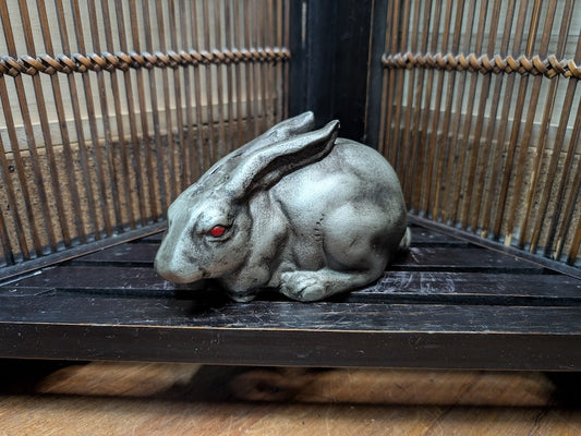 Beautiful 1950s Japan Cast Iron Rabbit Sculpture Red Eyes X2