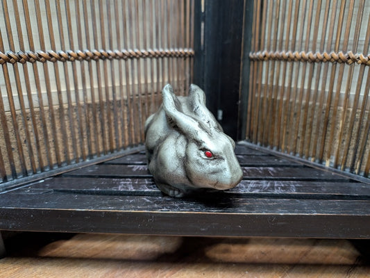 Beautiful 1950s Japan Cast Iron Rabbit Sculpture Red Eyes X2