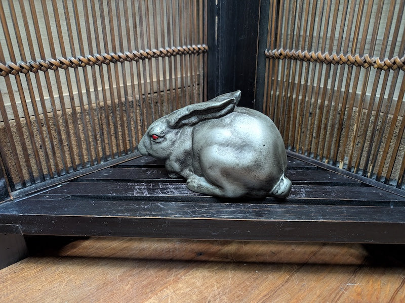 Beautiful 1950s Japan Cast Iron Rabbit Sculpture Red Eyes X2