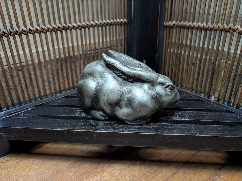 Beautiful 1950s Japan Cast Iron Rabbit Sculpture Red Eyes X2