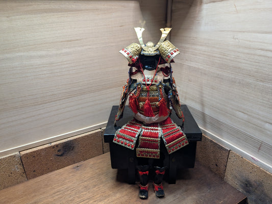 Antique Japanese doll Samurai Yoroi w/original wooden box Handmade Doll made in Japan (H1)