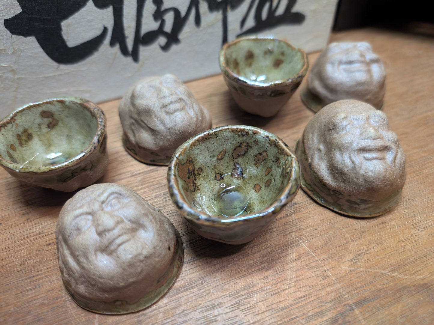 Japanese Unique sake cups set seven lucky gods faces Ceramic pottery cups made in Japan w/ original box (A124)