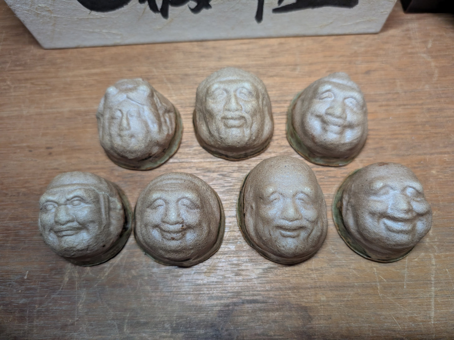 Japanese Unique sake cups set seven lucky gods faces Ceramic pottery cups made in Japan w/ original box (A124)