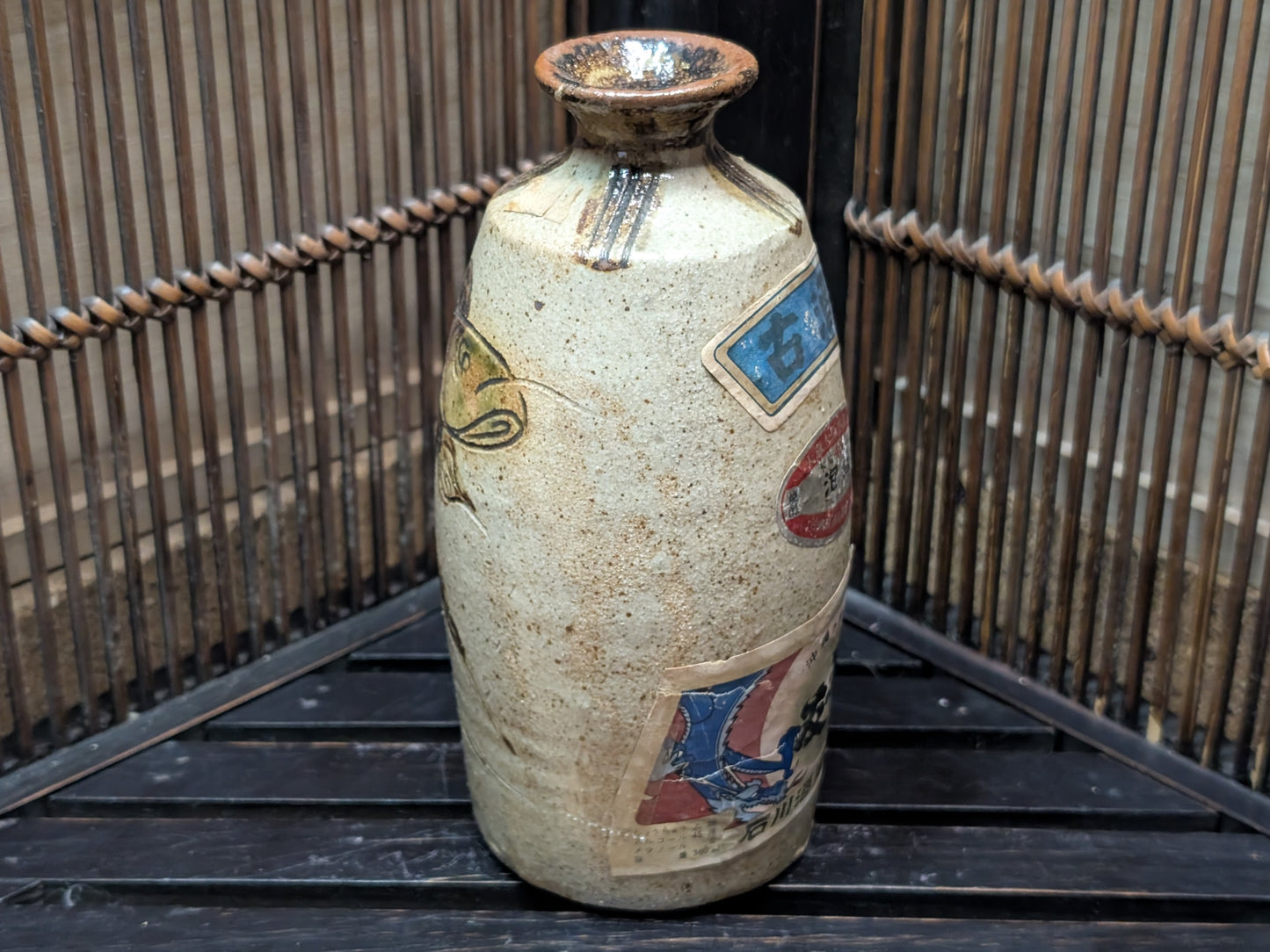 Japanese Pottery sake bottle Vintage Japan Signed Hand painted Ceramic sake bottle Made in Okinawa Japan (CC10)