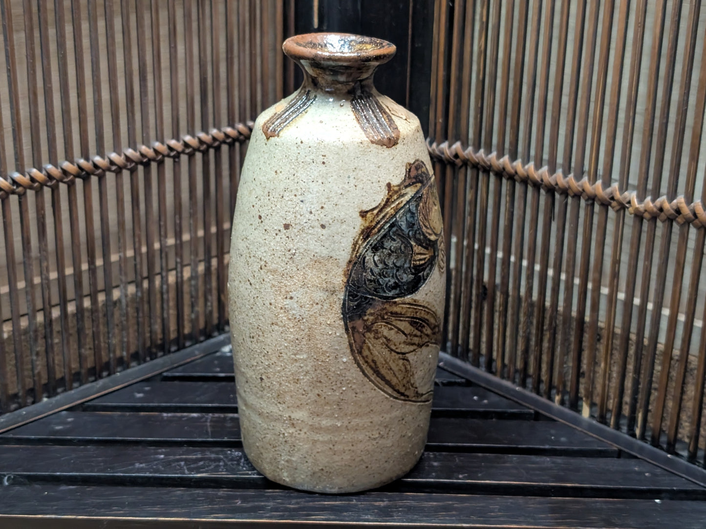 Japanese Pottery sake bottle Vintage Japan Signed Hand painted Ceramic sake bottle Made in Okinawa Japan (CC10)