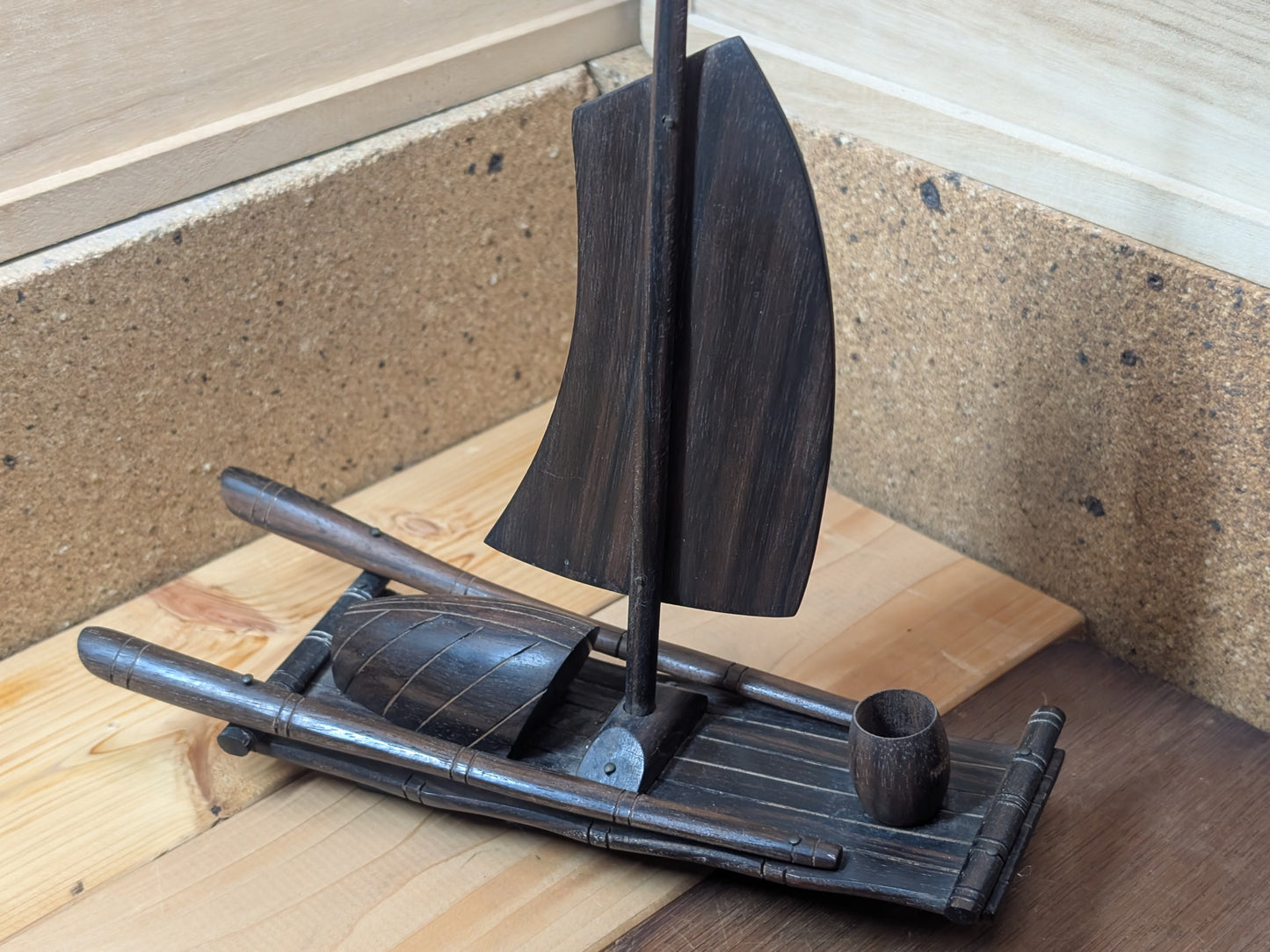 Japanese vintage Kokeshi doll sailboat kokutan wood ( Ebony wood ) Hand carved made in Japan (L3)