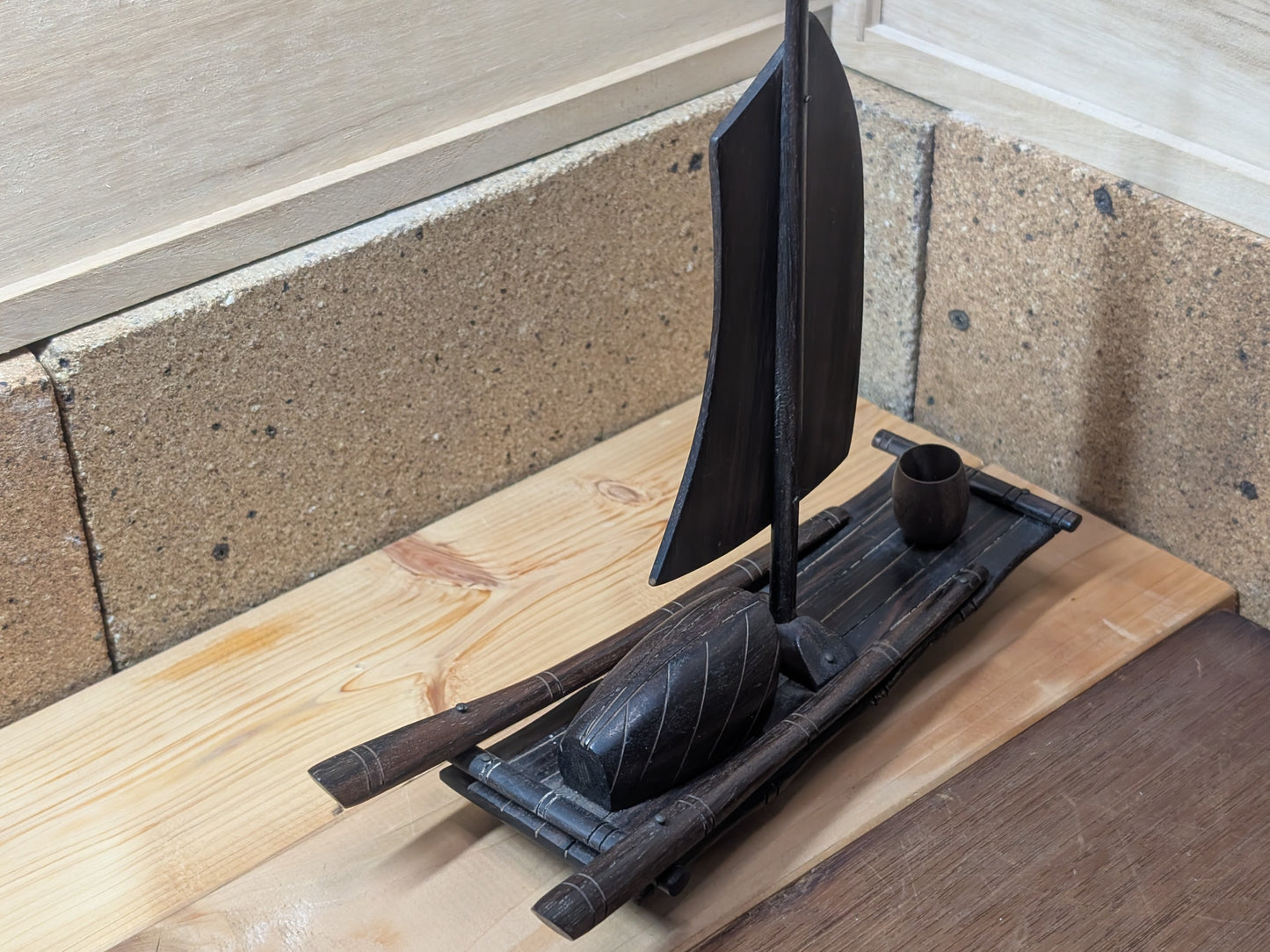 Japanese vintage Kokeshi doll sailboat kokutan wood ( Ebony wood ) Hand carved made in Japan (L3)