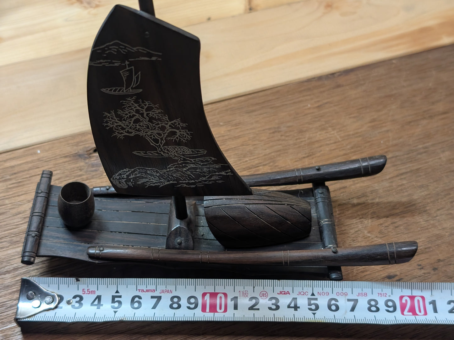 Japanese vintage Kokeshi doll sailboat kokutan wood ( Ebony wood ) Hand carved made in Japan (L3)