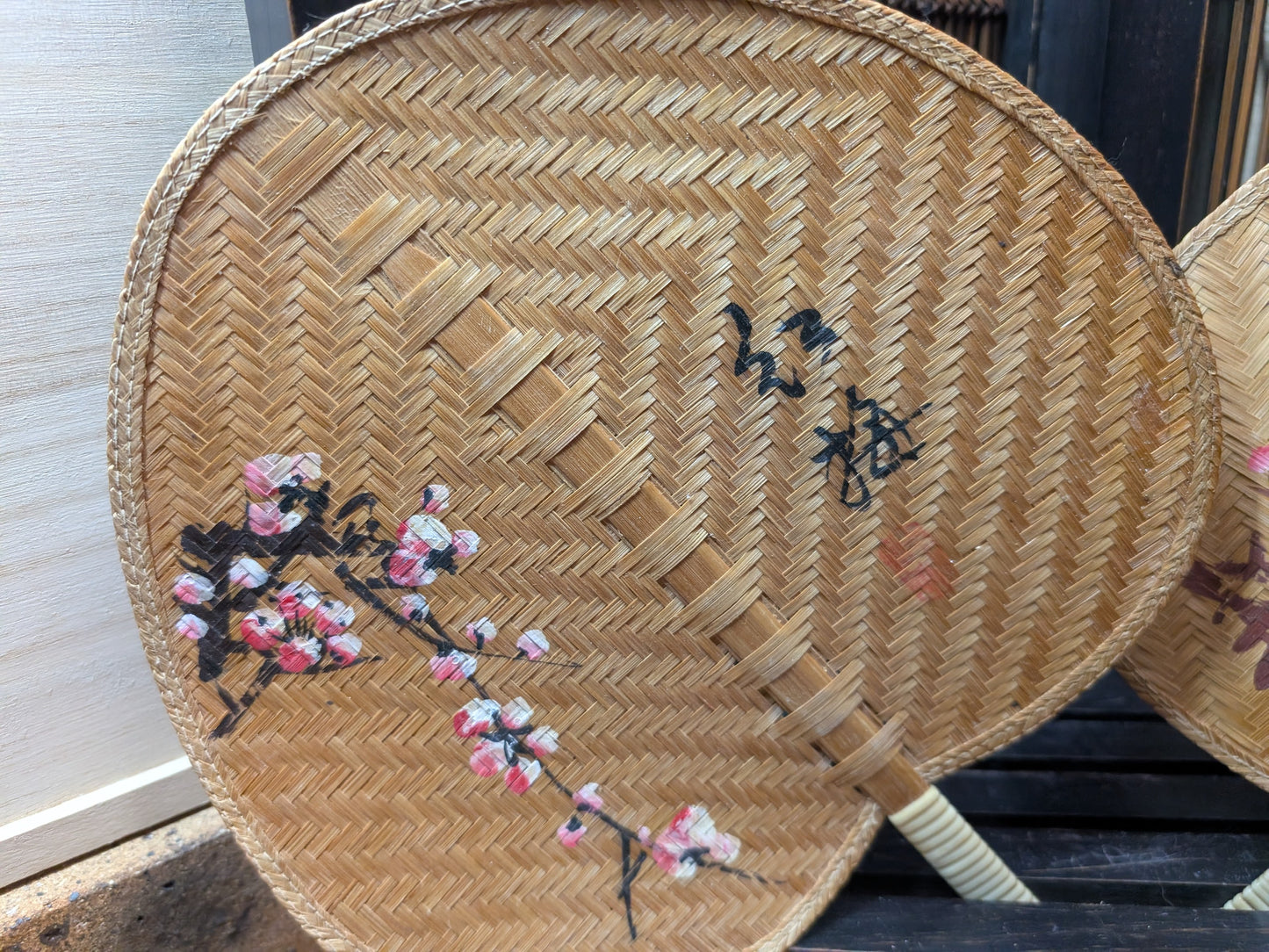 Japanese Vintage fan , Handmade Bamboo fan Hand painted Flower Bamboo fan set Made in Japan (D17)