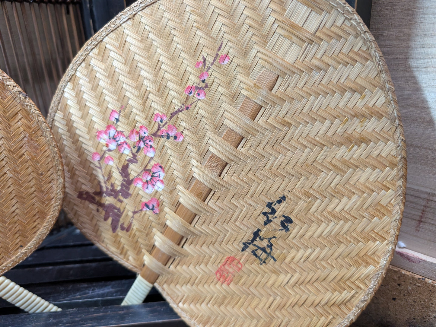 Japanese Vintage fan , Handmade Bamboo fan Hand painted Flower Bamboo fan set Made in Japan (D17)