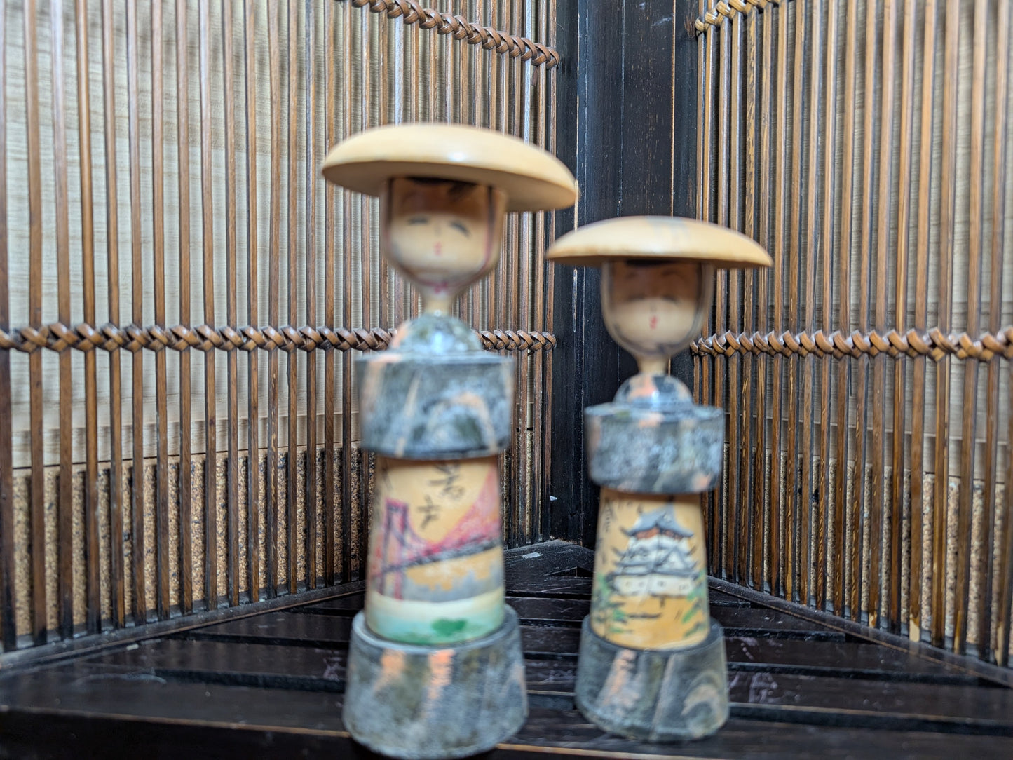 Japanese wooden doll kokeshi Pair July .1966 signed made in Japan RARE !! (N12)