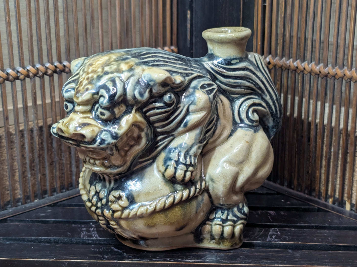 Japanese Sake bottle Shishi shisa Handmade Vtg pottery made in Okinawa Japan in 1970s (S14)