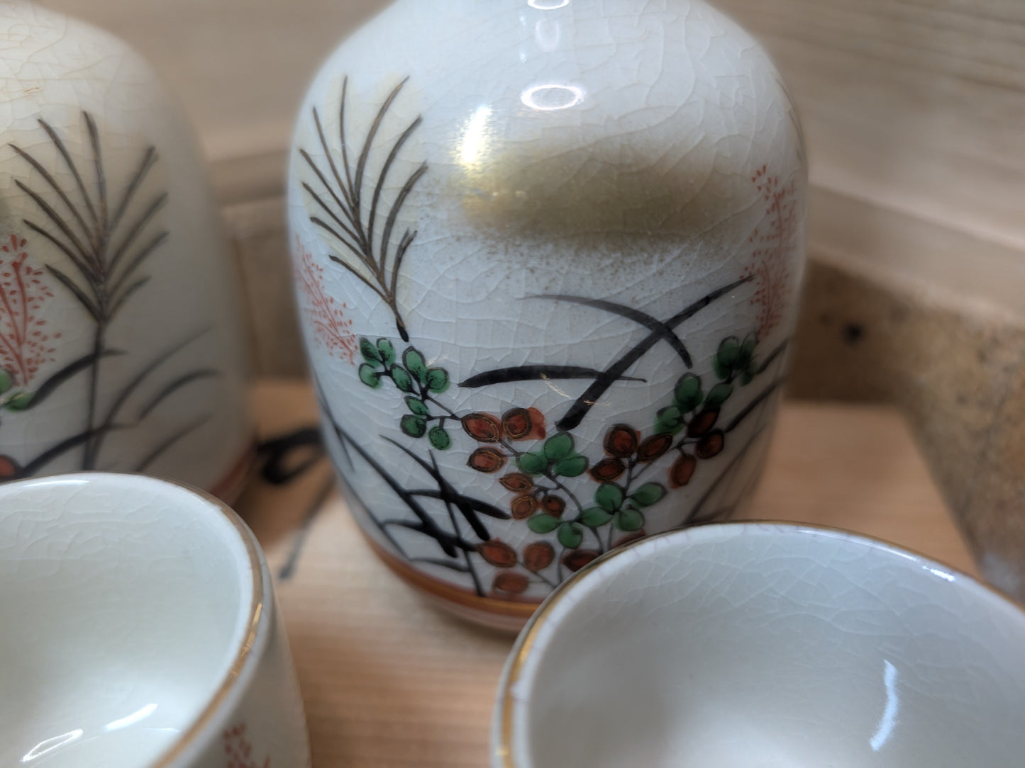 Japanese Sake Full Set Kutani Ceramic Handmade Vintage 1980s Made in Japan (Q1)