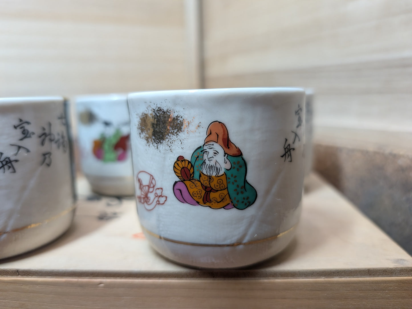 Japanese Tea ceremony Traditional Seven gods Ceramic set Kutani Vintage Made in Japan (Q2)