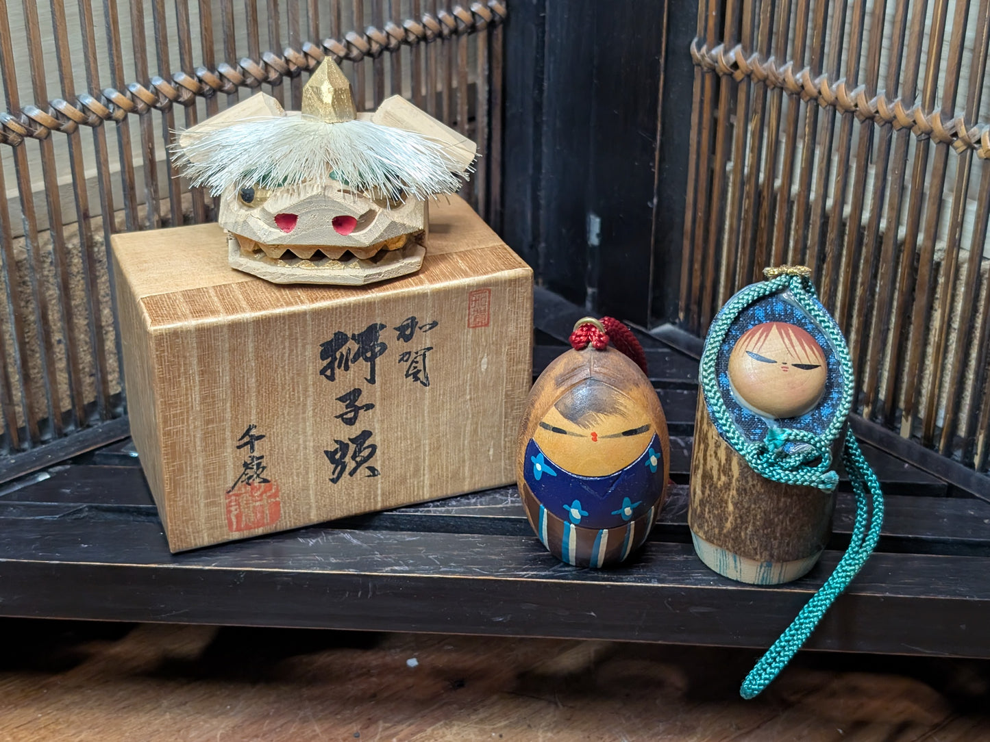 Collectable Japanese shishi Kokeshi doll Set Lucky charm Made in Japan T5